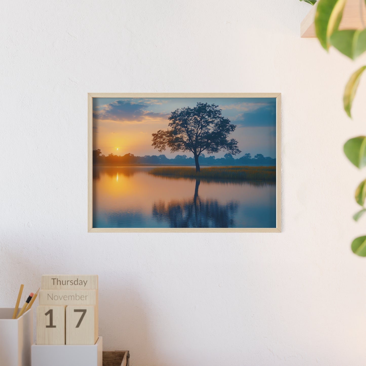Poster cu rama din lemn - Peisaj linistit apus de soare Art