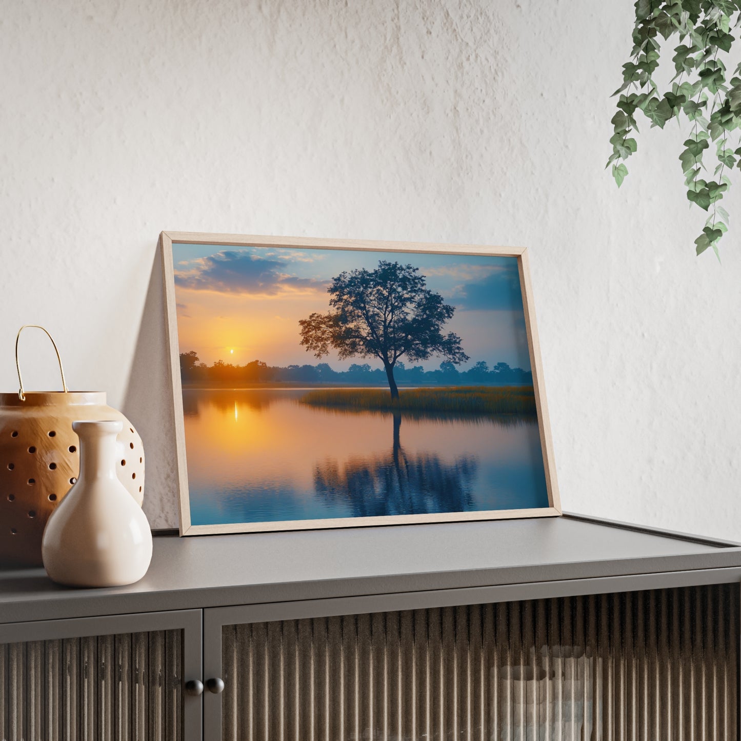 Poster cu rama din lemn - Peisaj linistit apus de soare Art