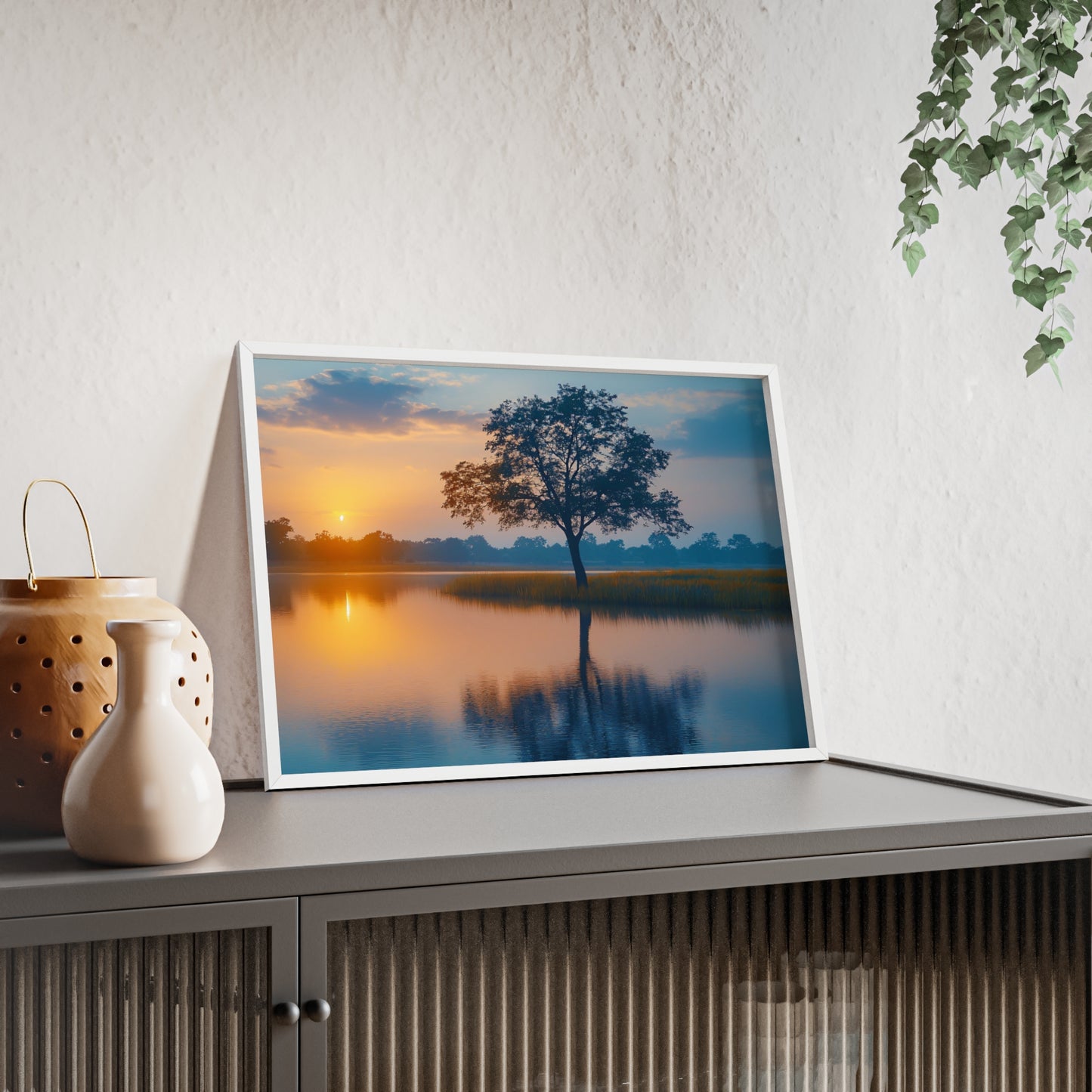 Poster cu rama din lemn - Peisaj linistit apus de soare Art
