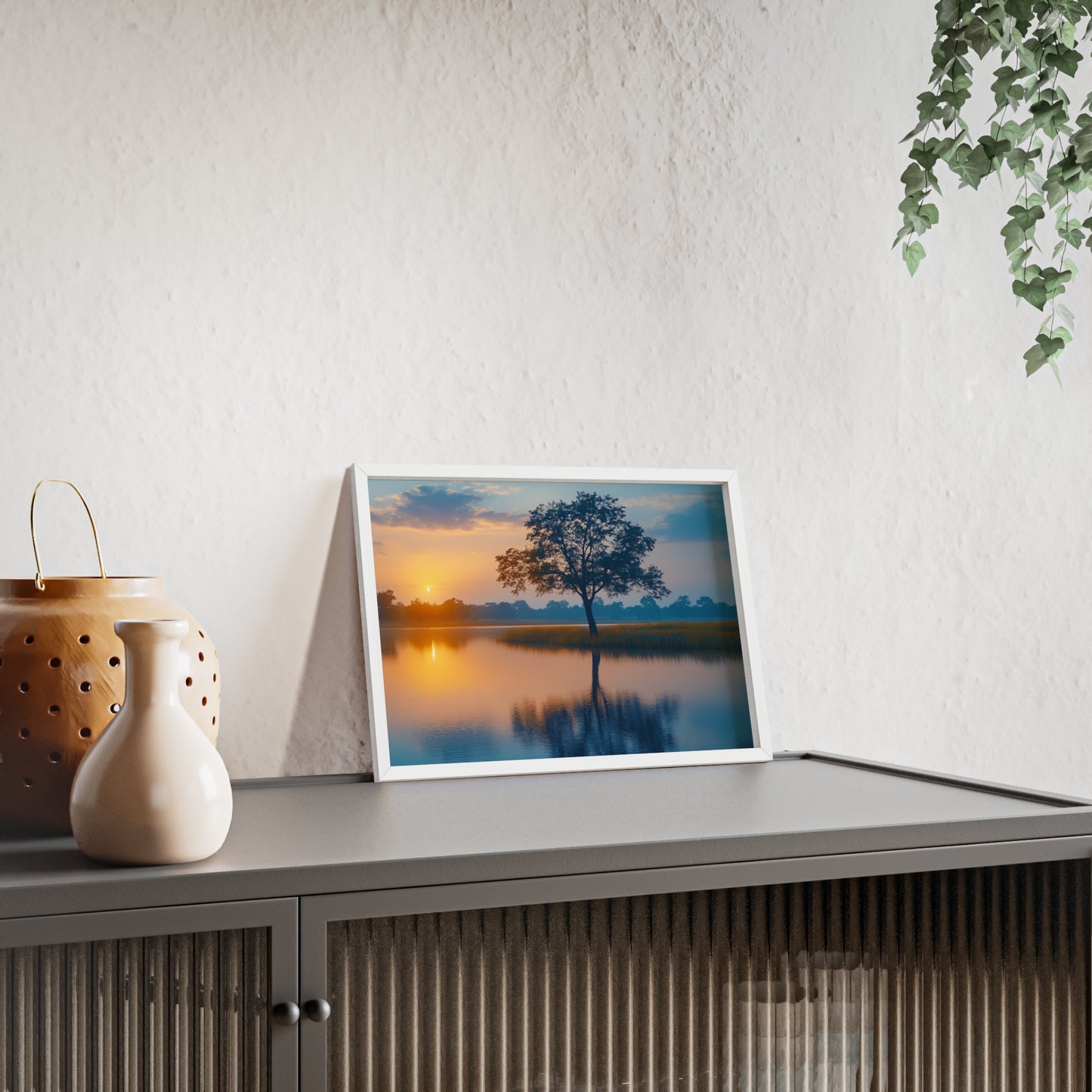 Poster cu rama din lemn - Peisaj linistit apus de soare Art