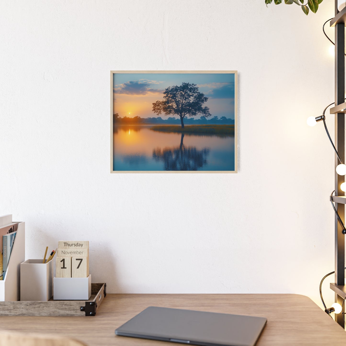 Poster cu rama din lemn - Peisaj linistit apus de soare Art