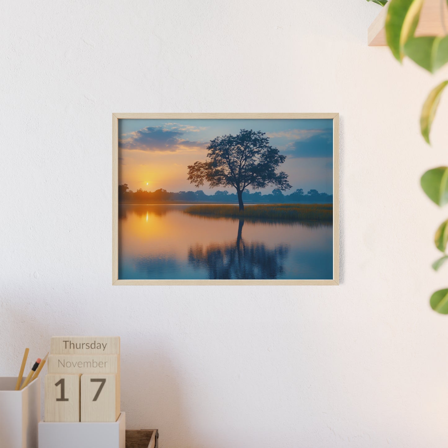 Poster cu rama din lemn - Peisaj linistit apus de soare Art