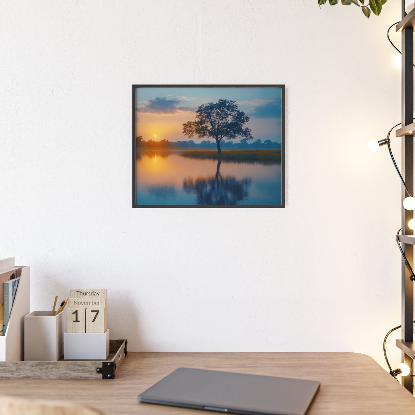 Poster cu rama din lemn - Peisaj linistit apus de soare Art